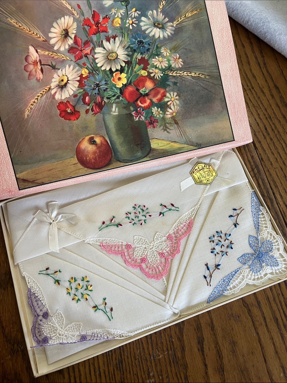 Embroidered Lace Handkerchief Set - White with Pink, Blue & Purple Accents